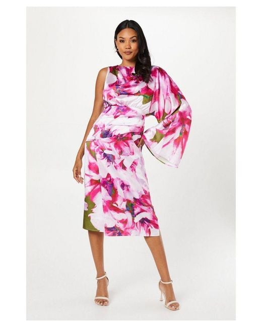 Coast Pink Printed Satin One Shoulder Wrap Skirt Midi Dress