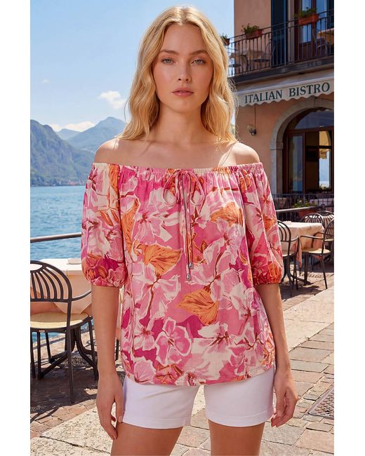 Roman Red Floral Print Bardot Top