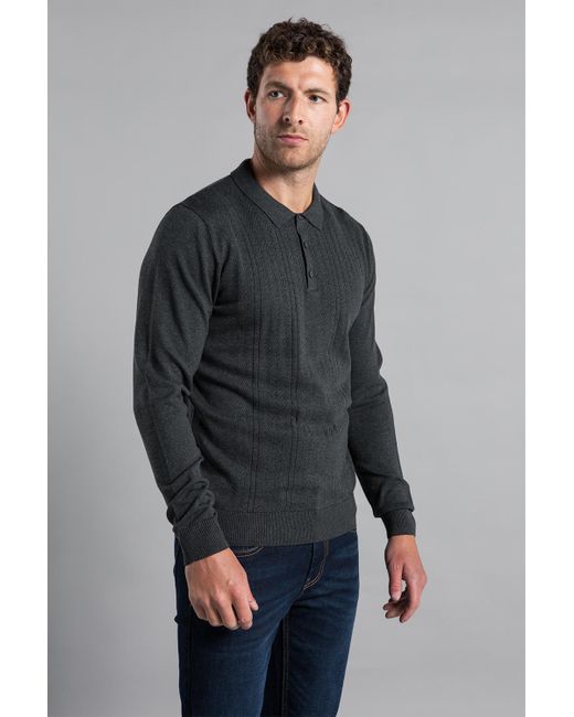 Kensington Eastside Gray Cotton Textured Knit Long Sleeve Polo for men