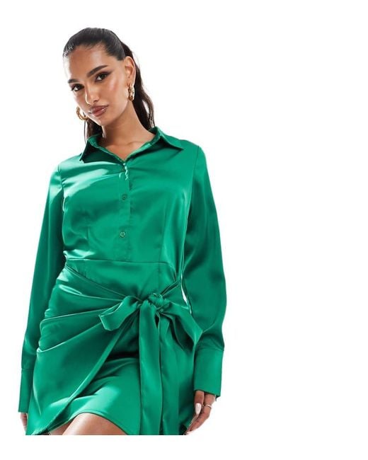 In The Style Green X Perrie Sian Exclusive Satin Wrap Tie Side Mini Shirt Dress