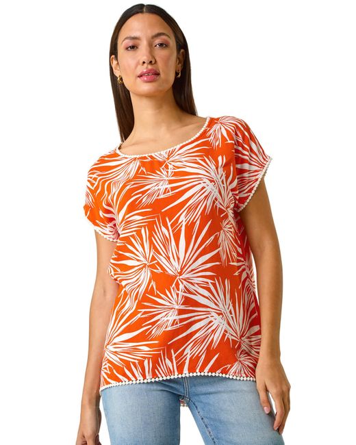 Roman Orange Leaf Print Bobble Trim Top