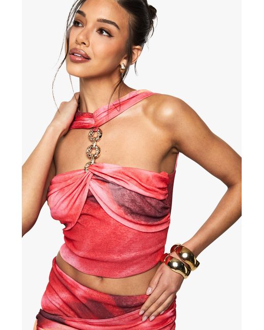 Boohoo Printed Textured Mesh Halterneck Trim Detail Top