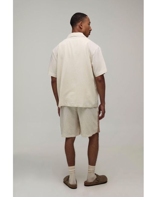 BoohooMAN Natural Palm Applique Oversized Linen Shirt & Baggy Short Set for men