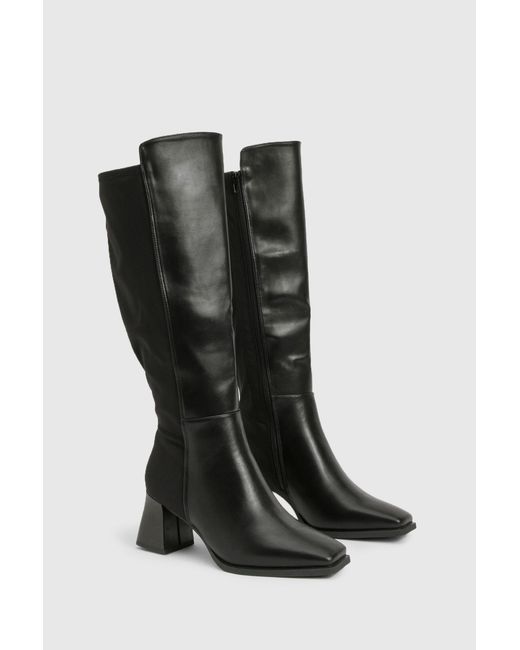 Boohoo Black Wide Fit Stretch Knee High Flared Block Heeled Boots