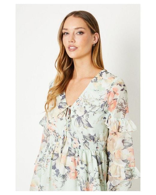 Oasis Sage Floral Chiffon Frill Balloon Sleeve Mini Skater Dress in White Lyst UK