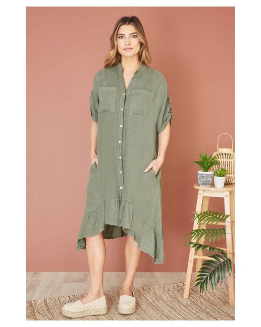 Yumi' Green Italian Linen Shirt Dress With Frill Hem