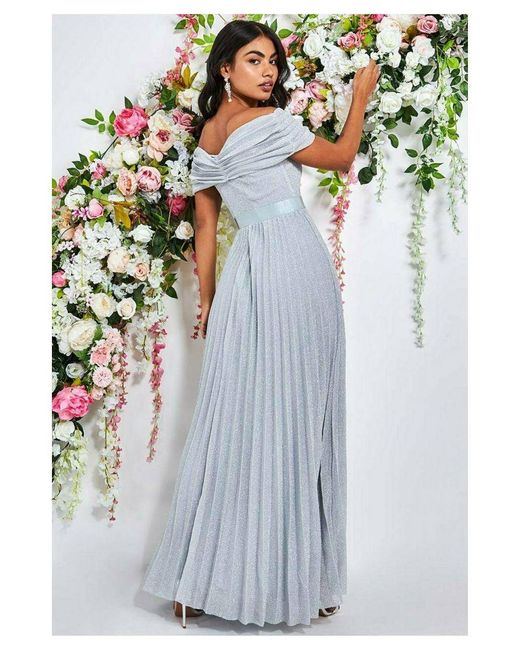 Goddiva Blue Bardot Pleated Skirt Wedding Dress