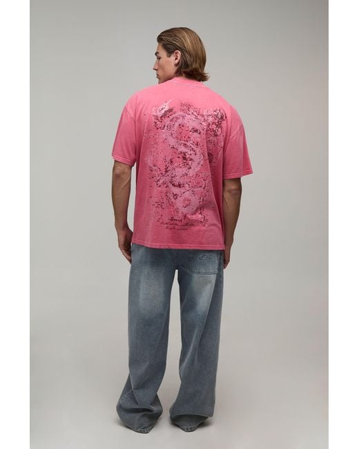 BoohooMAN Pink Oversized Boxy Dragon Print Washed T-Shirt for men