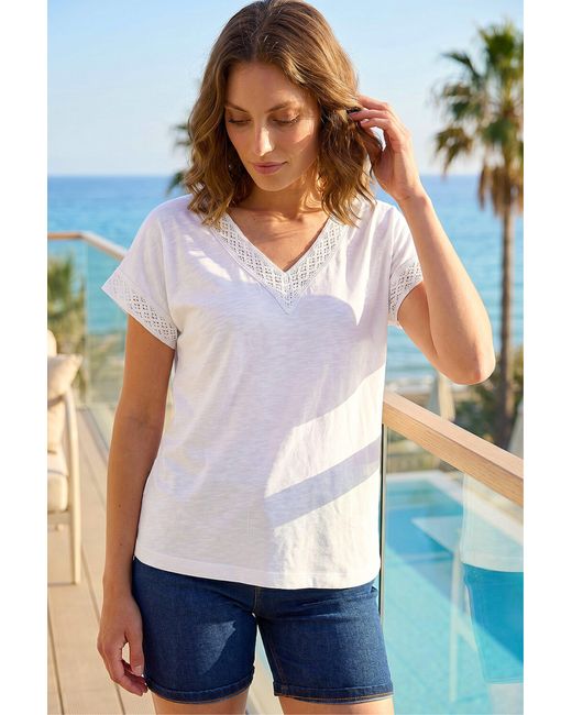 Roman White Petite Lace Trim V-Neck Top