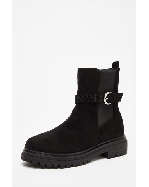 Quiz Black Diamante Chunky Buckle Boots