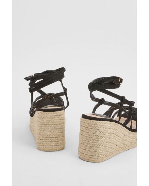 Faith Black Sandy Faux Suede Strappy Open Toe Espadrille Wedge Sandals