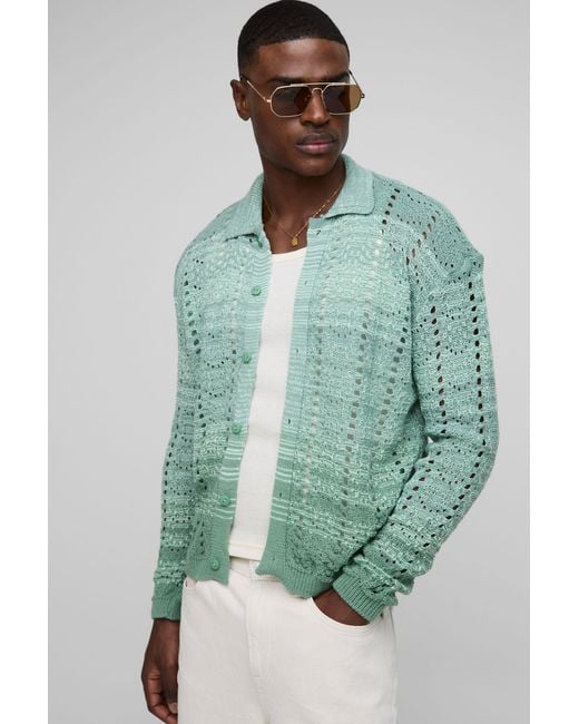 BoohooMAN Green Boxy Fit Ombre Stripe Crochet Knitted Shirt for men
