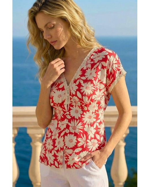 Roman Red Floral Print Lace Trim Top