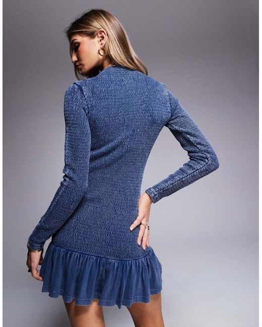 ASOS Blue Shirred Bodice Mini Dress With Ruffle Hem