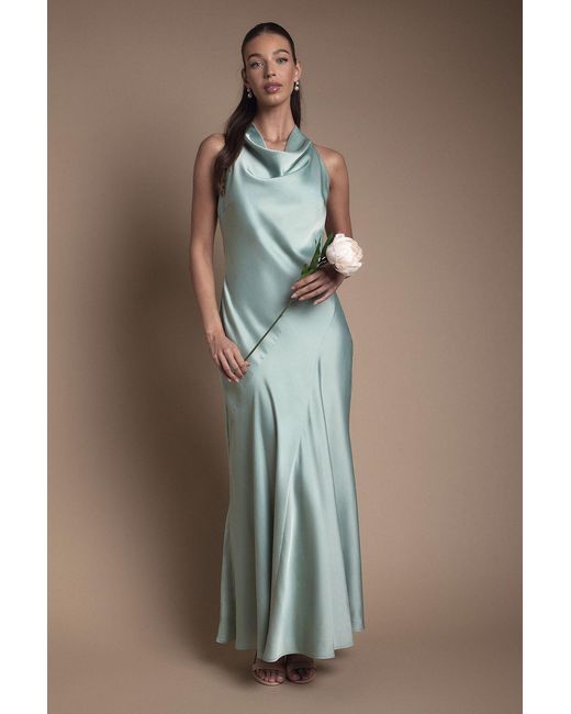 Oasis Green By Coast Cowl Halterneck Satin Maxi Bridesmaid Dress