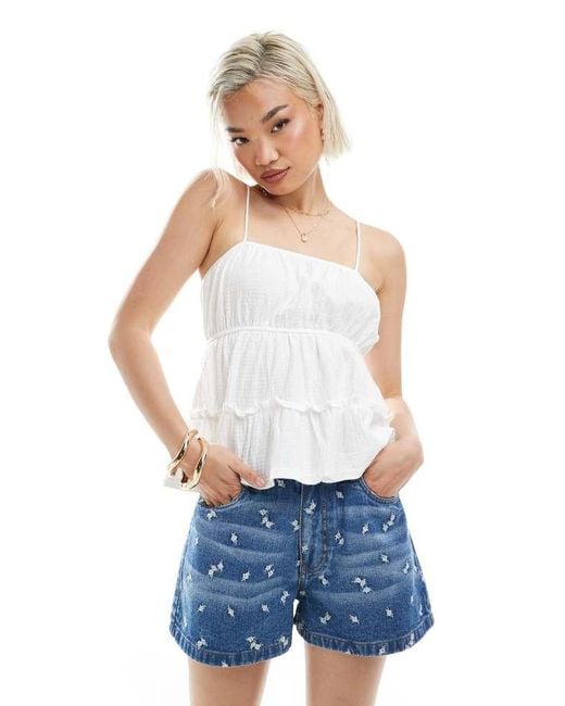 Miss Selfridge White Seersucker Cami Peplum Hem Top