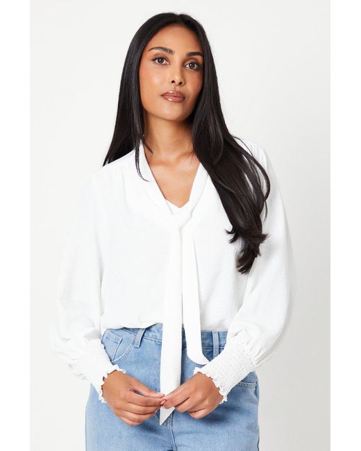 Wallis White Petite Tie Neck Shirred Cuff Top