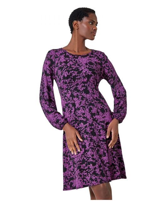 Roman Purple Ditsy Floral Print Stretch Dress