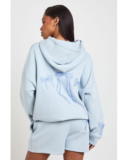 Boohoo Blue Embroidered Bow Hooded Short Tracksuit