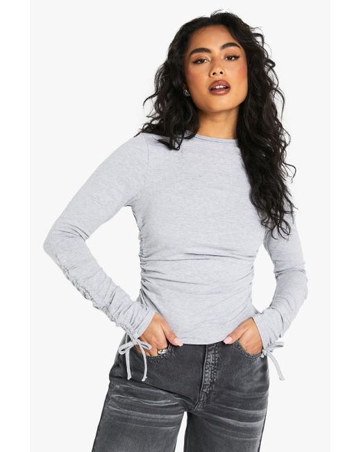 Boohoo White Jersey Ruched Side Long Sleeve Tshirt