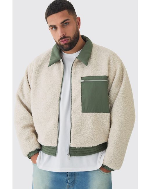 BoohooMAN Gray Plus Boxy Borg And Nylon Collared Bomber Jacket for men