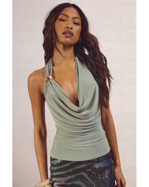 Boohoo Green Cowl Neck Trim Halter Top
