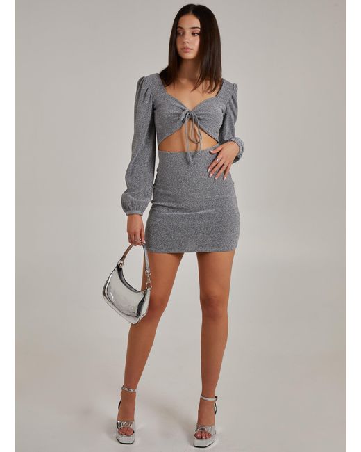 Pink Vanilla Gray Glitter Puff Sleeve Cut Out Dress