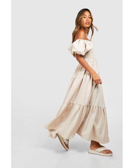 Boohoo Natural Tiered Shirred Midaxi Smock Dress
