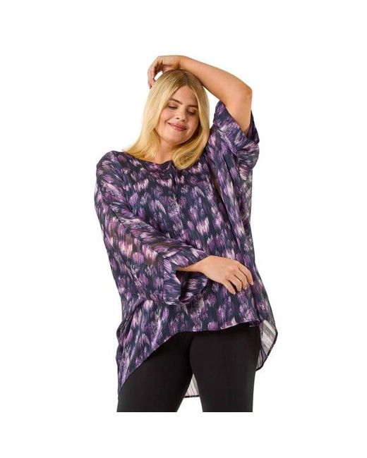 Roman Purple Curve Swirl Print Metallic Top