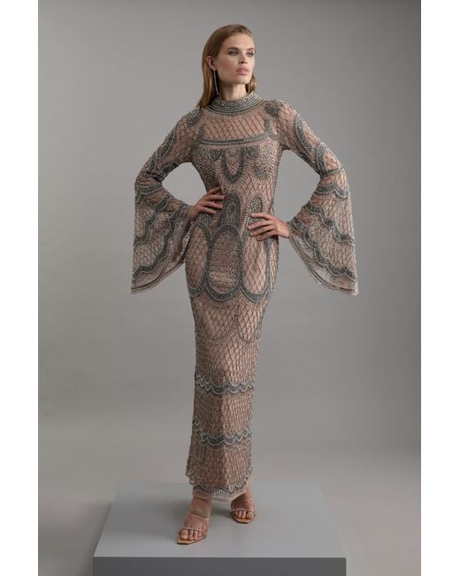Karen Millen Gray Embellished And Beaded Long Sleeve Woven Maxi Dress