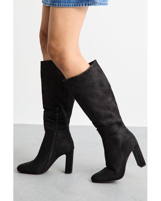 MissPap Black Almond Toe High Block Heel Knee Boots