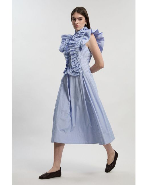 Karen Millen Blue Stripe Pleated Ruffle Sleeve Woven Maxi Dress
