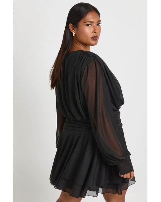 Boohoo Black Plus Tie Front Drop Hem Skater Dress