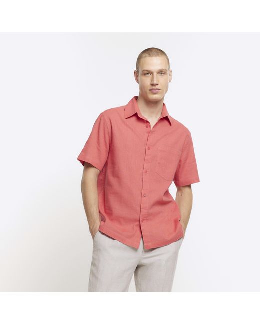 River Island Pink Coral Regular Fit Linen Blend Shirt for men