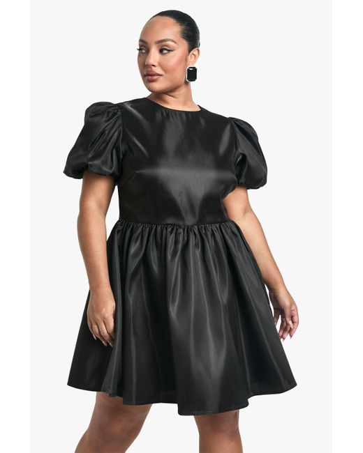 Boohoo Black Plus Taffeta Bow Back Puff Sleeve Skater Dress