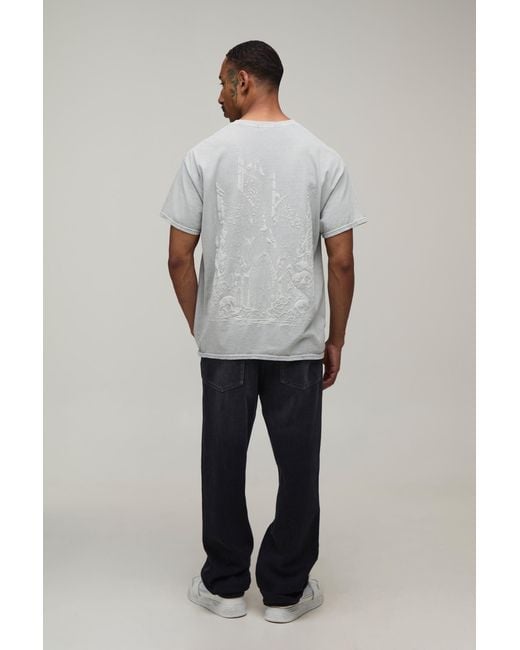 BoohooMAN Gray Oversized Gothic Tonal Print Washed T-Shirt for men
