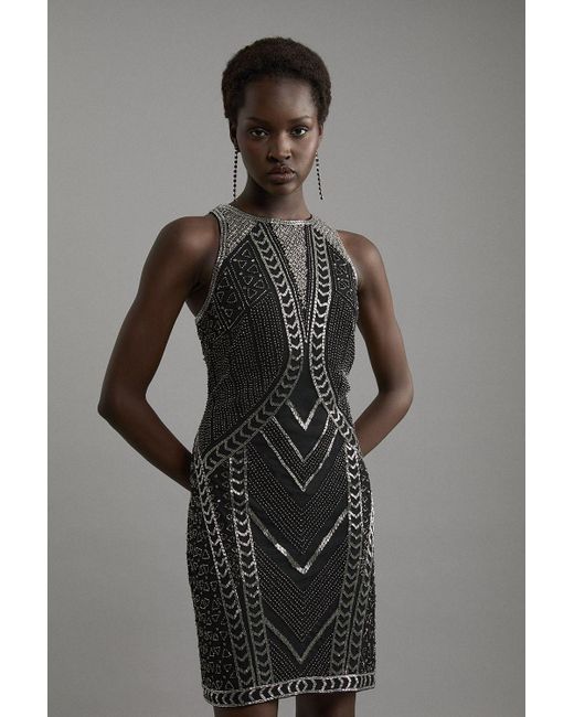 Karen Millen Gray Tall Premium Embellished Sleeveless Cut Out Mini Dress