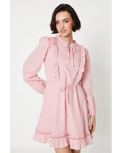 Oasis Pink Cotton Dobby Ruffle Tie Waist Mini Dress