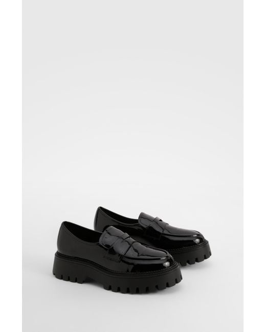 Boohoo Black Wide Fit Patent Chunky Sole Loafers