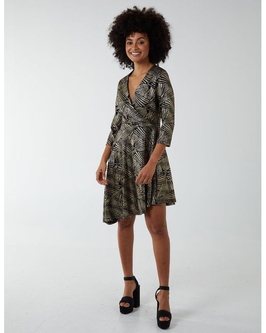 Blue Vanilla Asymmetric Metallic Animal Foil Wrap Dress
