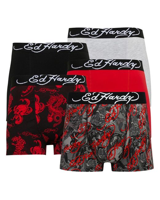 Ed Hardy Red 5 Pack Cotton Rich Stretch Athieu Boxers Soft Breathable Underwear for men