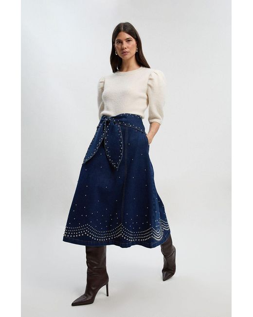 Karen Millen Blue Denim Placed Stud Tie Belt Full Midi Skirt