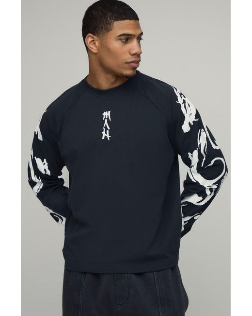 BoohooMAN Blue Oversized Boxy Graphic Washed Raglan Long Sleeve T-Shirt for men
