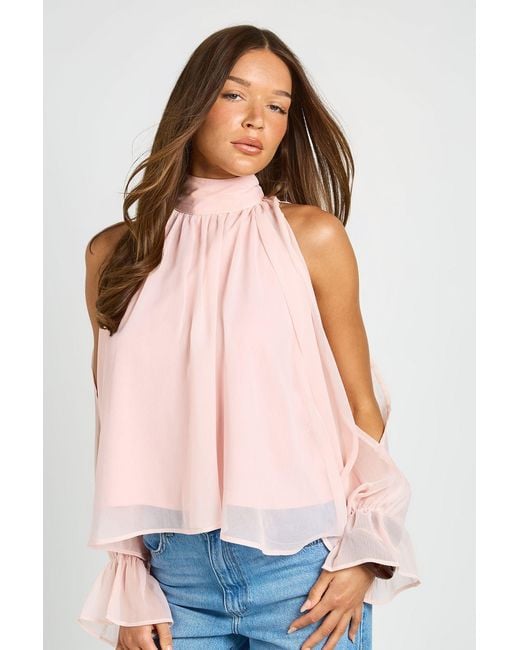 Boohoo Pink Cold Shoulder Blouson Sleeve Draped Top