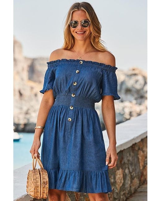 Sosandar Blue Dark Shirred Waist Bardot Denim Dress