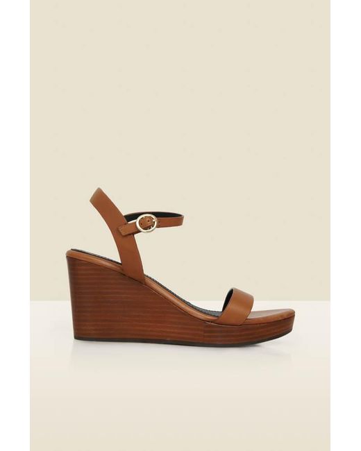 Sosandar Natural Tan Leather Sandals With Wooden Wedge Heel