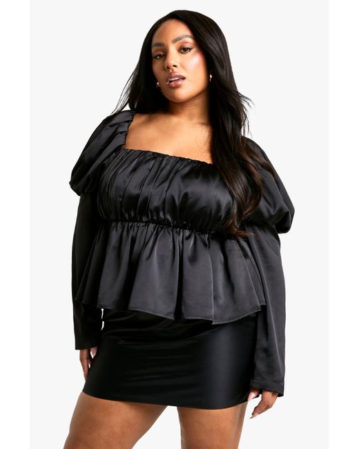 Boohoo Black Plus Satin Puff Sleeve Top