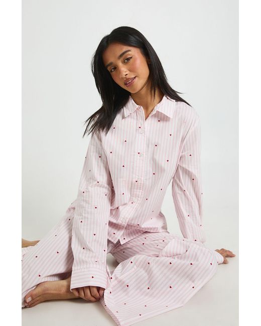 Boohoo Pink Petite Cotton Poplin Pinstripe Heart Print Long Sleeve Shirt & Trouser Pyjama Set