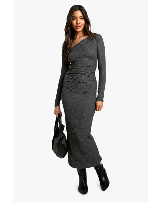 Boohoo Textured Ruched Asymmetric Maxi Dress in Black | Lyst UK