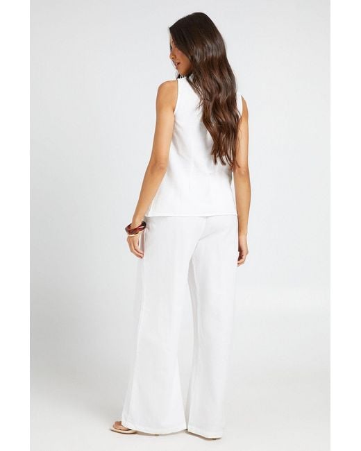 Boohoo White Linen Look Square Neck Waistcoat And Tailored Wide Leg Trousers Co-Ord